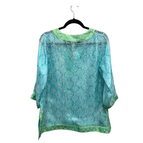 Gretchen Scott Turquoise Lime 3/4 Sleeve Easy Breezy Silk Tunic Womens Large - Picture 4 of 8